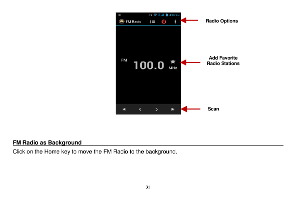 Radio OptionsAdd FavoriteRadio StationsScanFM Radio as BackgroundClick on the Home key to move the FM Radio to the background.31