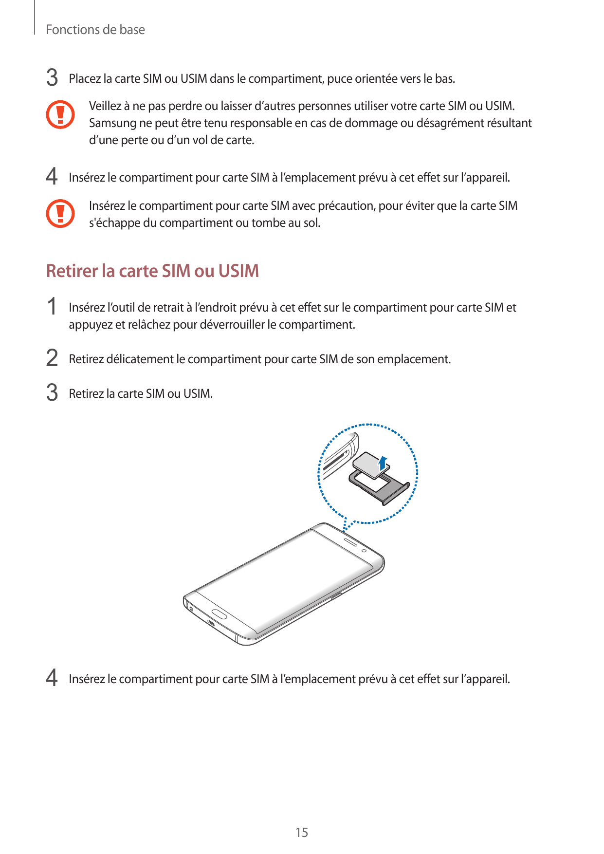 Fonctions de base3 Placez la carte SIM ou USIM dans le compartiment, puce orientée vers le bas.Veillez à ne pas perdre ou laisse