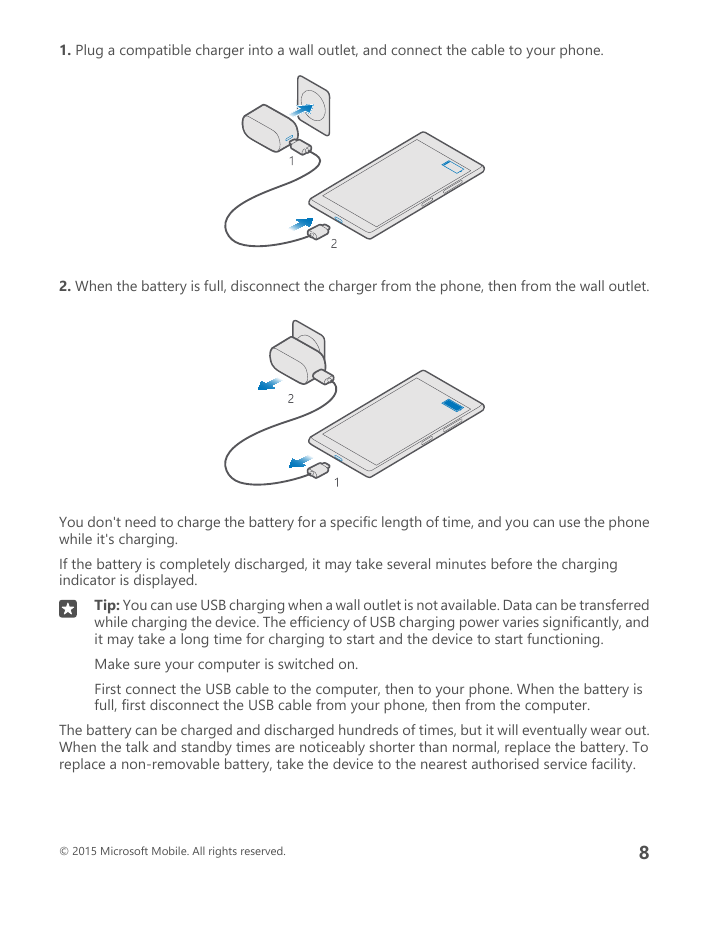 1. Plug a compatible charger into a wall outlet, and connect the cable to your phone.2. When the battery is full, disconnect the