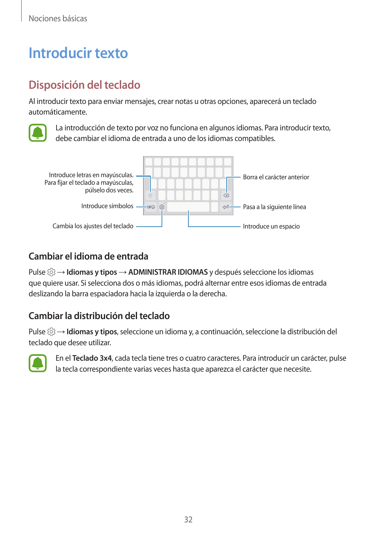 Nociones básicasIntroducir textoDisposición del tecladoAl introducir texto para enviar mensajes, crear notas u otras opciones, a