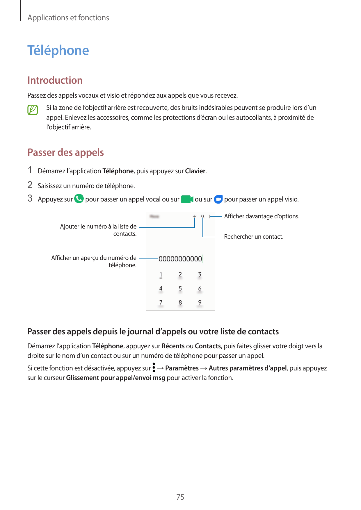 Applications et fonctionsTéléphoneIntroductionPassez des appels vocaux et visio et répondez aux appels que vous recevez.Si la zo