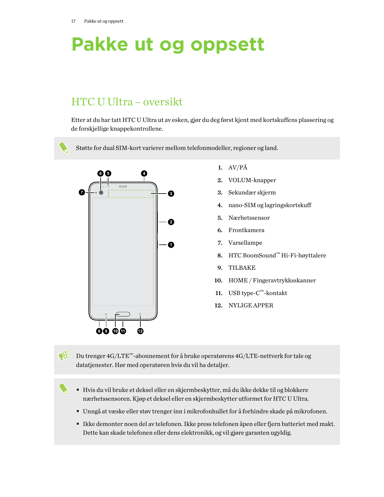 17Pakke ut og oppsettPakke ut og oppsettHTC U Ultra – oversiktEtter at du har tatt HTC U Ultra ut av esken, gjør du deg først kj