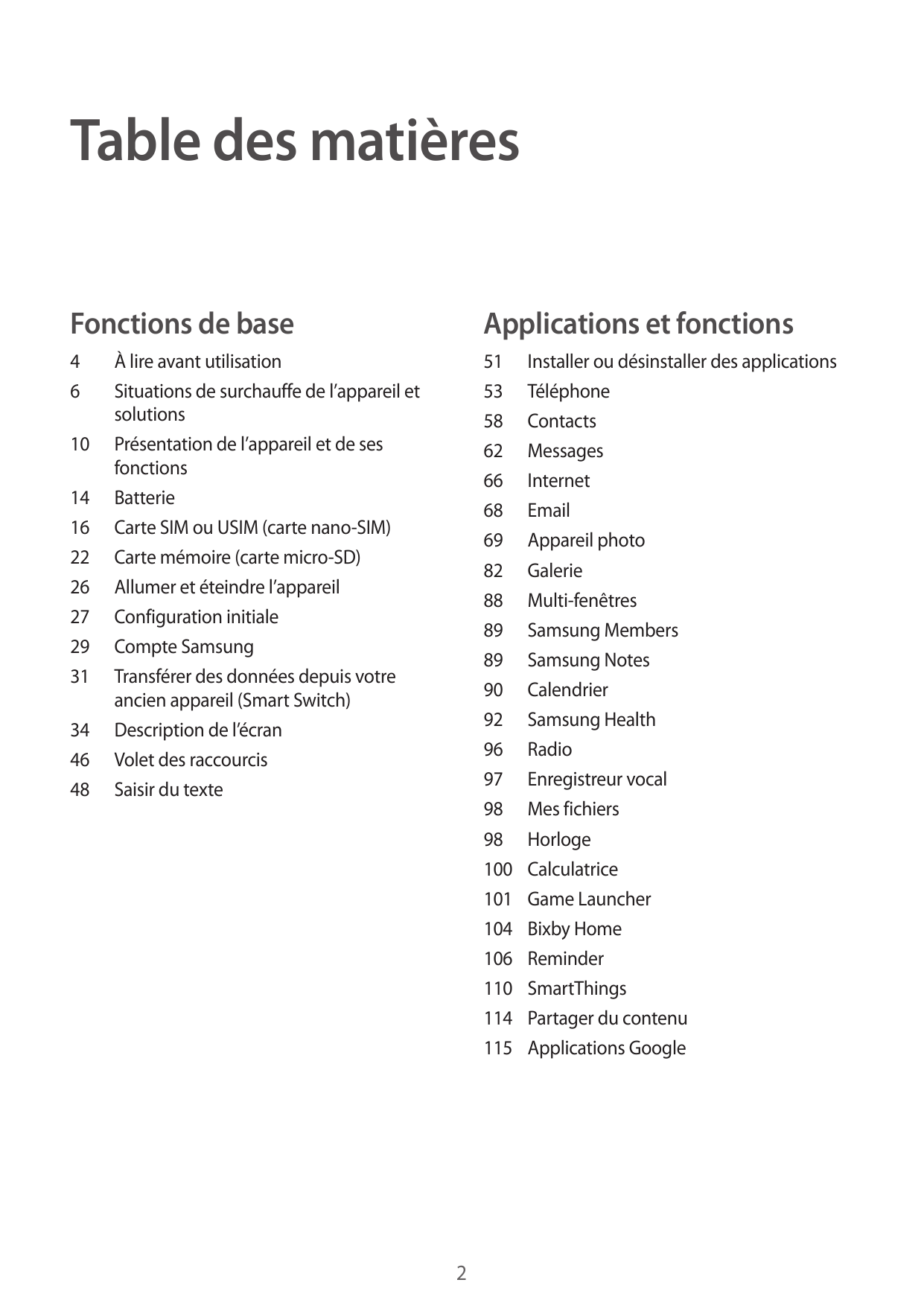 Table des matièresFonctions de baseApplications et fonctions4651 Installer ou désinstaller des applications53Téléphone58Contacts