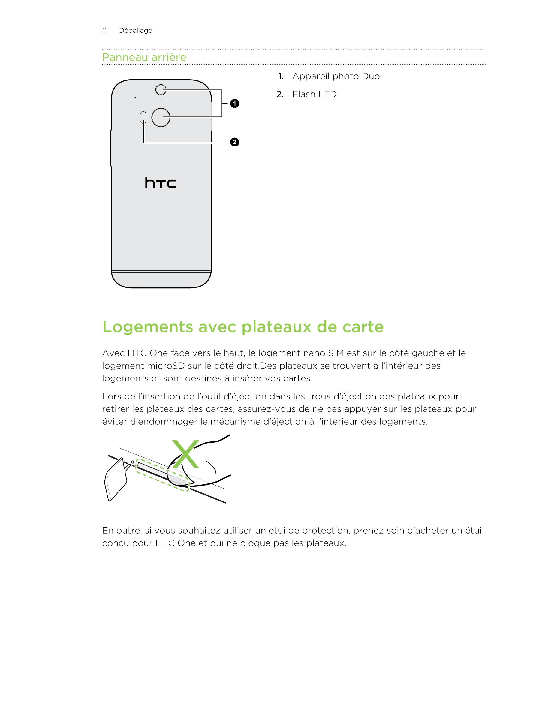 11      Déballage
Panneau arrière
1. Appareil photo Duo
2. Flash LED
Logements avec plateaux de carte
Avec HTC One face vers le 