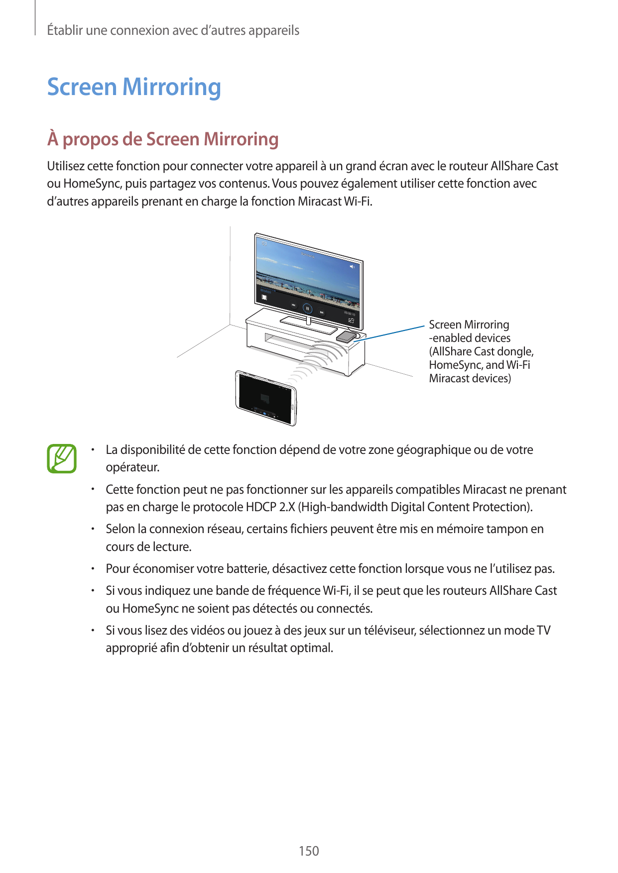 Établir une connexion avec d’autres appareilsScreen MirroringÀ propos de Screen MirroringUtilisez cette fonction pour connecter 