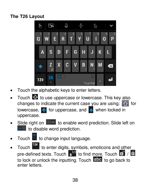 The T26 LayoutTouch the alphabetic keys to enter letters.Touchto use uppercase or lowercase. This key alsochanges to indicate 