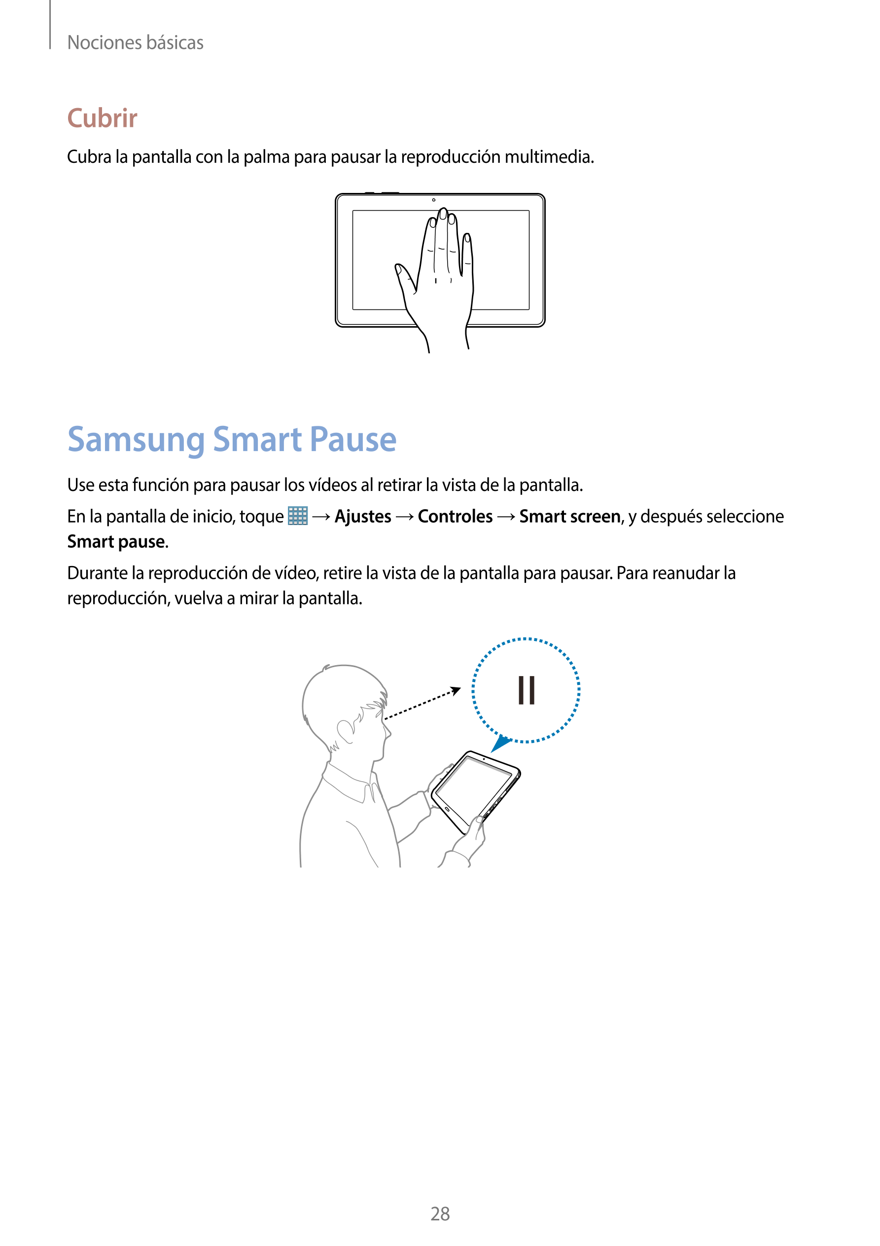 Nociones básicas
Cubrir
Cubra la pantalla con la palma para pausar la reproducción multimedia.
Samsung Smart Pause
Use esta func