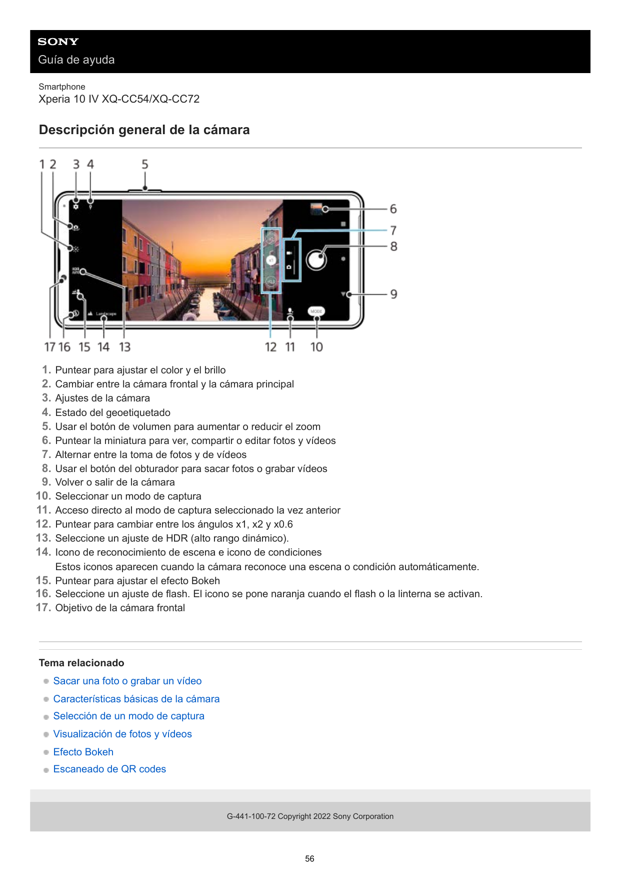 Guía de ayudaSmartphoneXperia 10 IV XQ-CC54/XQ-CC72Descripción general de la cámara1.2.3.4.5.6.7.8.9.10.11.12.13.14.Puntear para