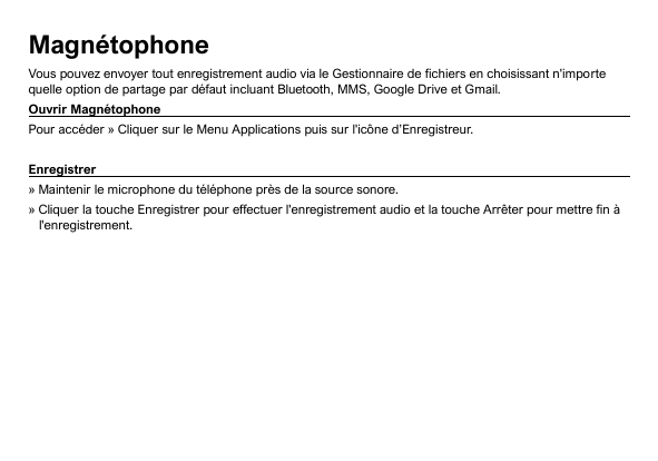 MagnétophoneVous pouvez envoyer tout enregistrement audio via le Gestionnaire de fichiers en choisissant n'importequelle option 