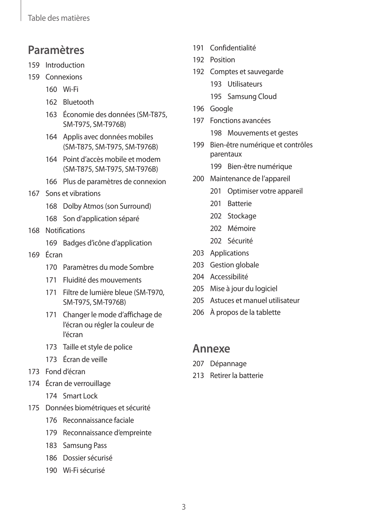 Table des matièresParamètres191Confidentialité192Position192 Comptes et sauvegarde159Introduction159Connexions193Utilisateurs160