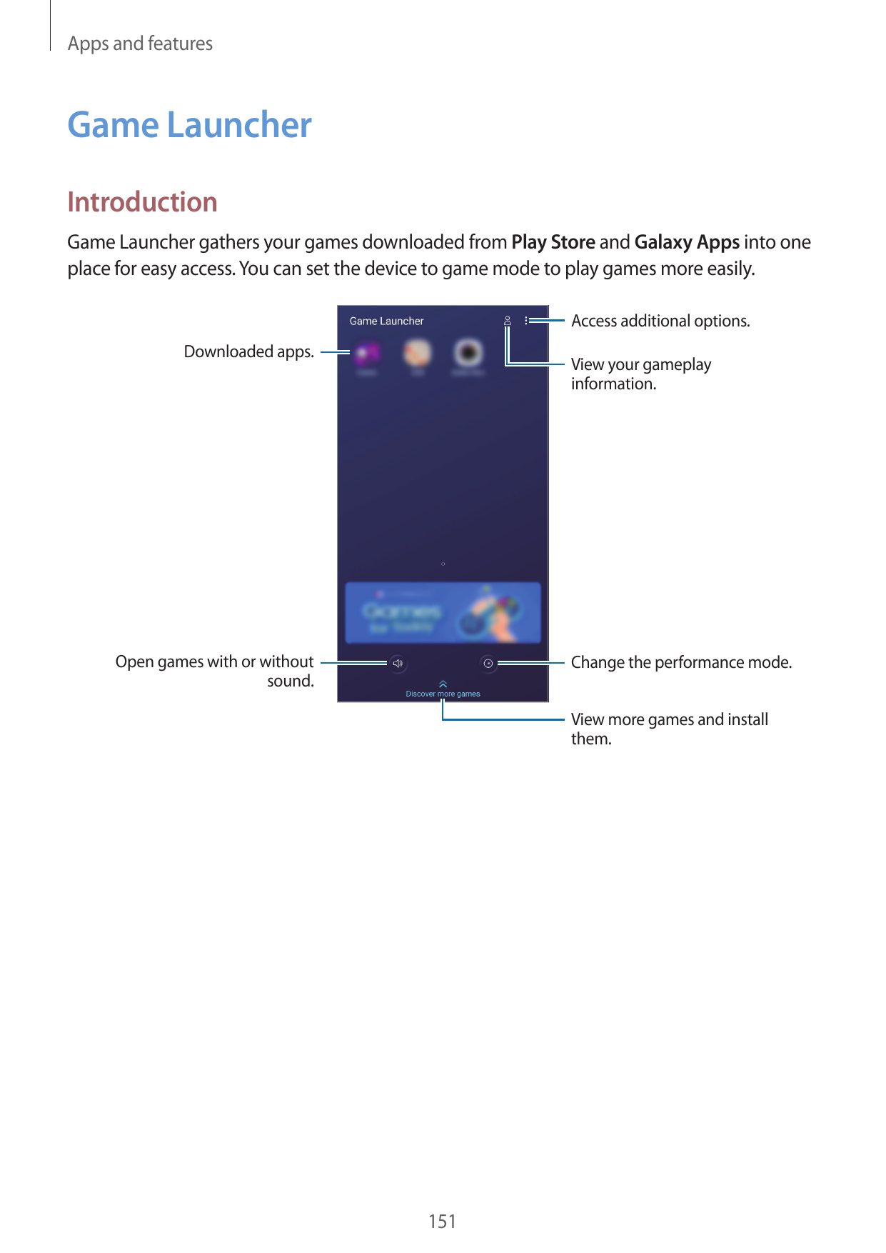 Apps and featuresGame LauncherIntroductionGame Launcher gathers your games downloaded from Play Store and Galaxy Apps into onepl