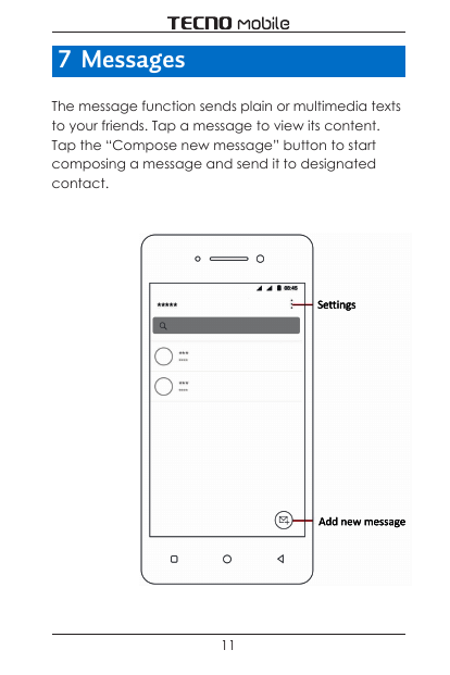 7 MessagesThe message function sends plain or multimedia textsto your friends. Tap a message to view its content.Tap the “Compos