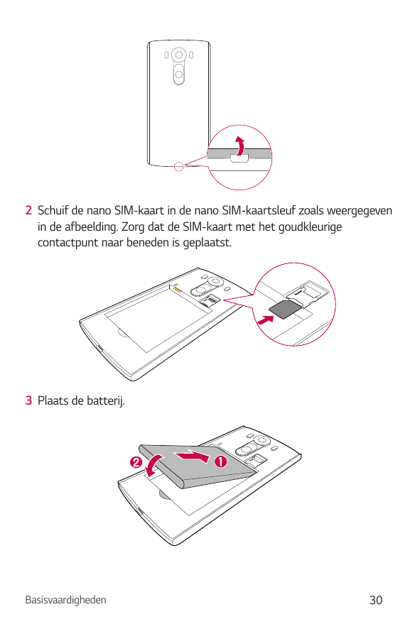 2 Schuif de nano SIM-kaart in de nano SIM-kaartsleuf zoals weergegevenin de afbeelding. Zorg dat de SIM-kaart met het goudkleuri