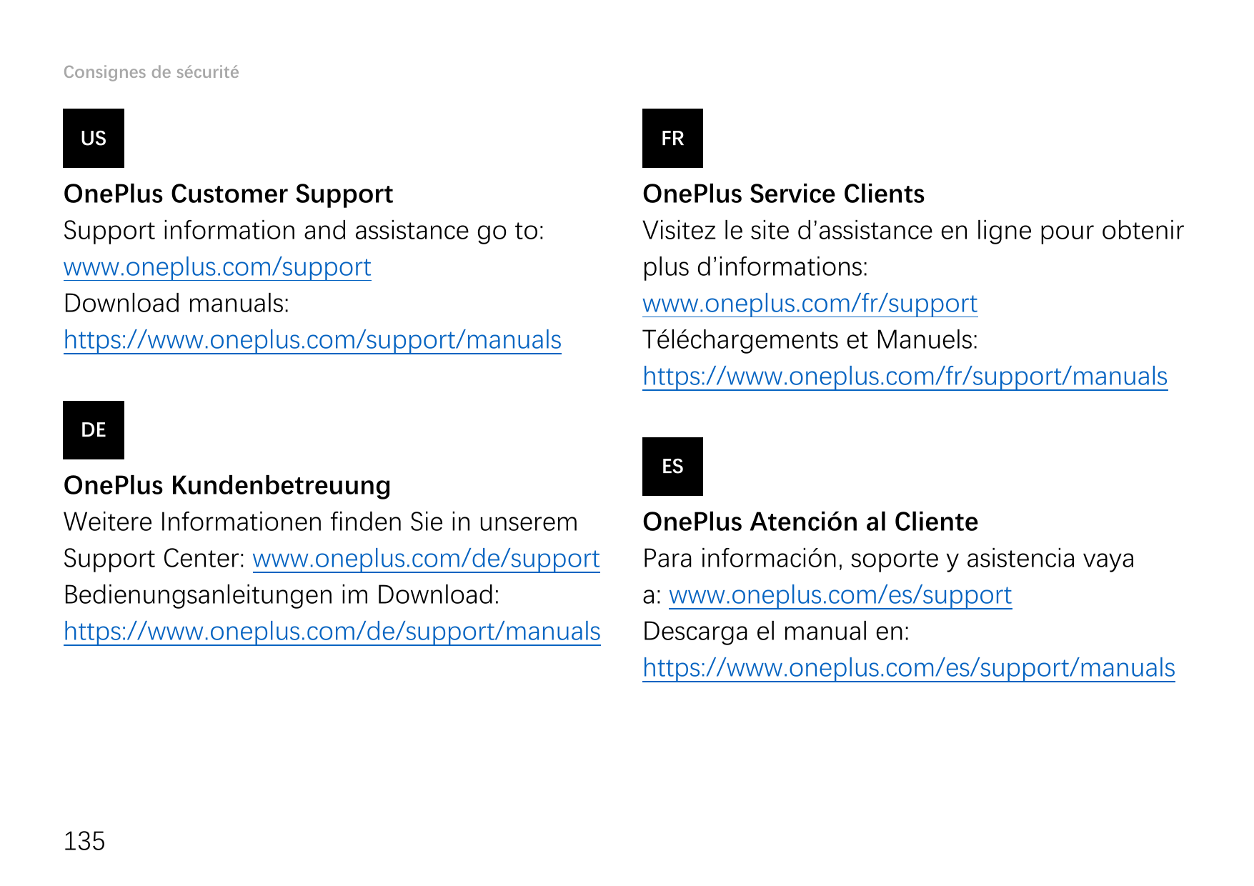 Consignes de sécuritéUSOnePlus Customer SupportSupport information and assistance go to:www.oneplus.com/supportDownload manuals: