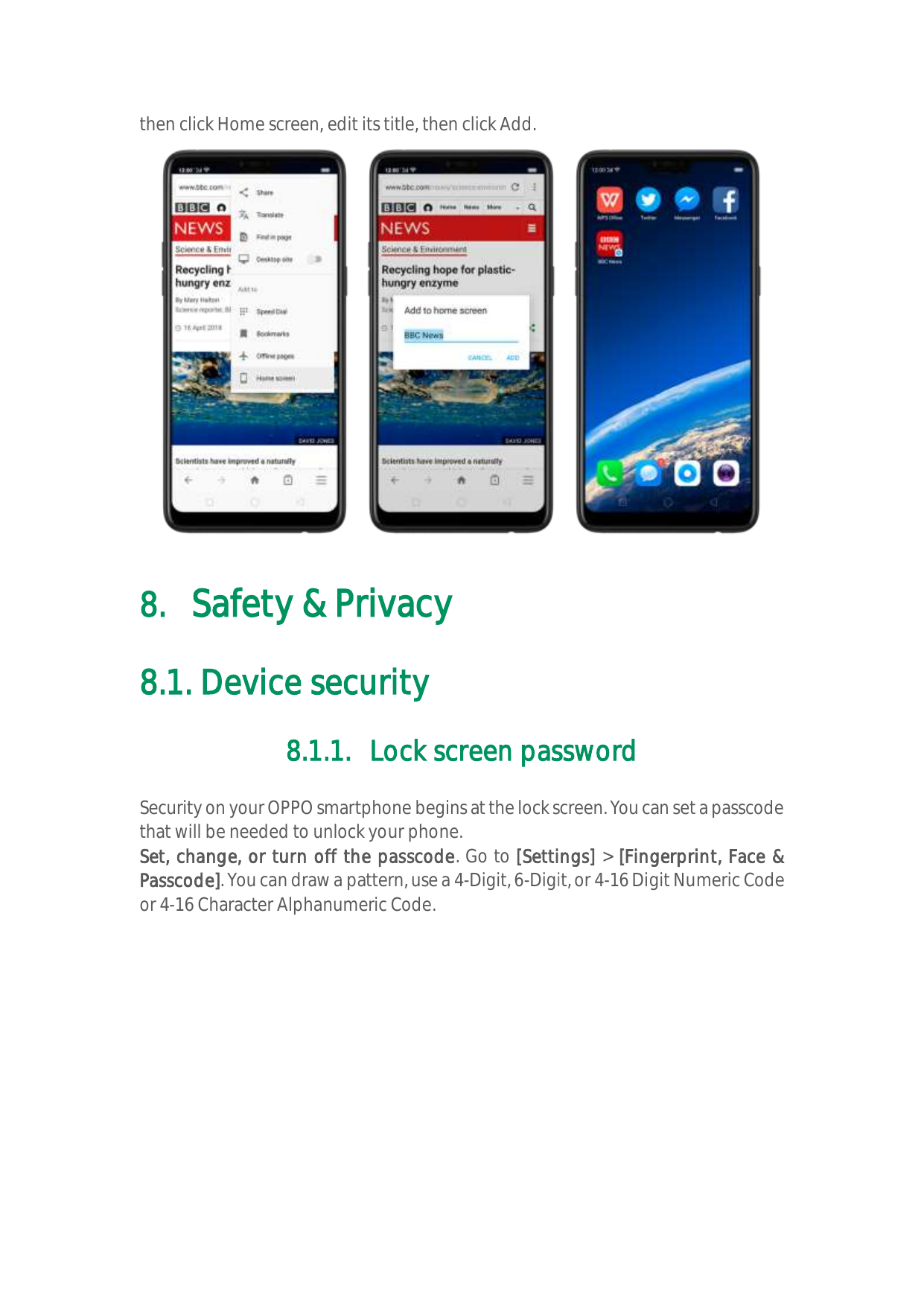 then click Home screen, edit its title, then click Add.8. Safety & Privacy8.1. Device security8.1.1. Lock screen passwordSecurit
