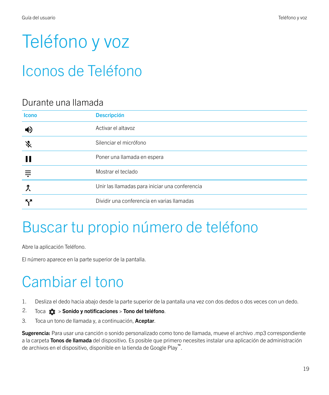 Guía del usuarioTeléfono y vozTeléfono y vozIconos de TeléfonoDurante una llamadaIconoDescripciónActivar el altavozSilenciar el 