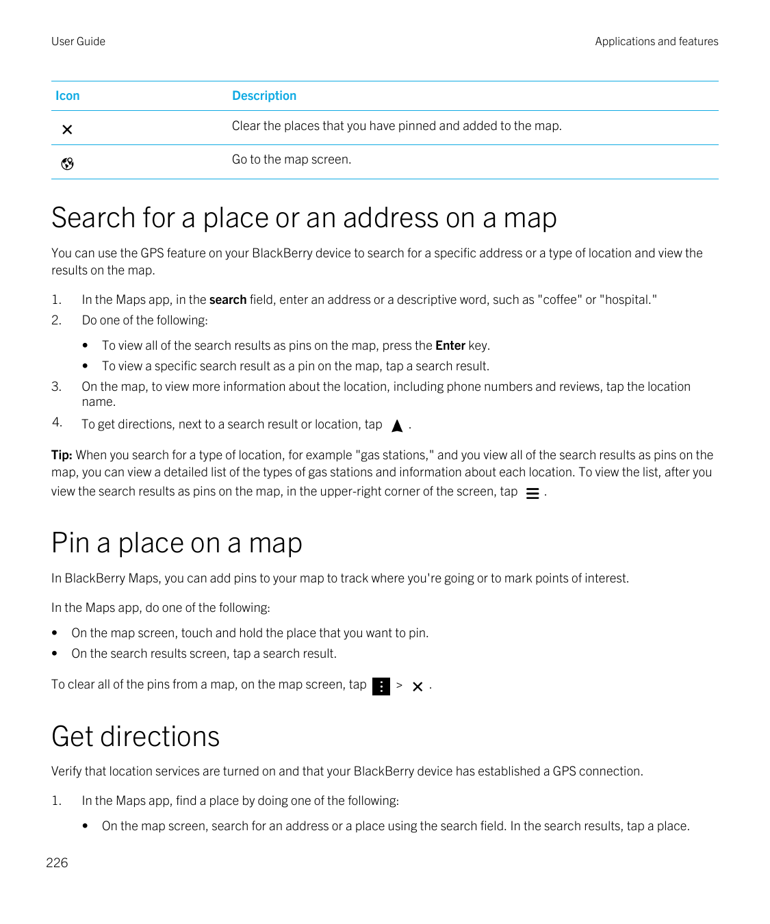User GuideIconApplications and featuresDescriptionClear the places that you have pinned and added to the map.Go to the map scree