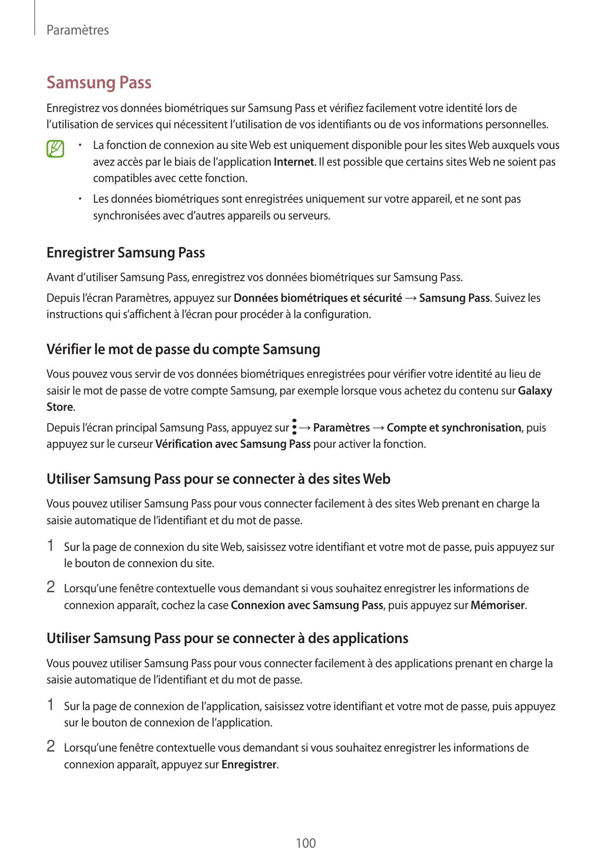 ParamètresSamsung PassEnregistrez vos données biométriques sur Samsung Pass et vérifiez facilement votre identité lors del’utili