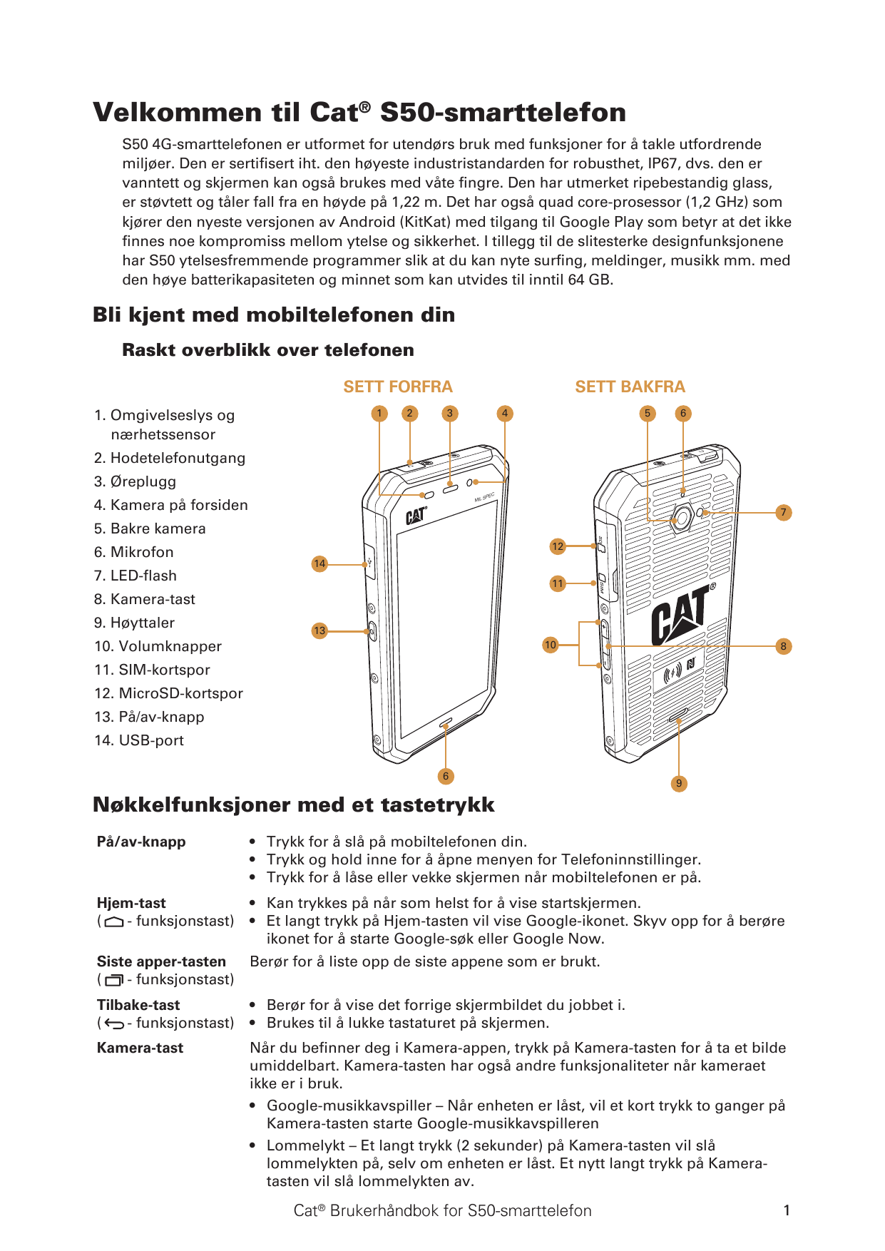 Velkommen til Cat® S50-smarttelefonS50 4G-smarttelefonen er utformet for utendørs bruk med funksjoner for å takle utfordrendemil