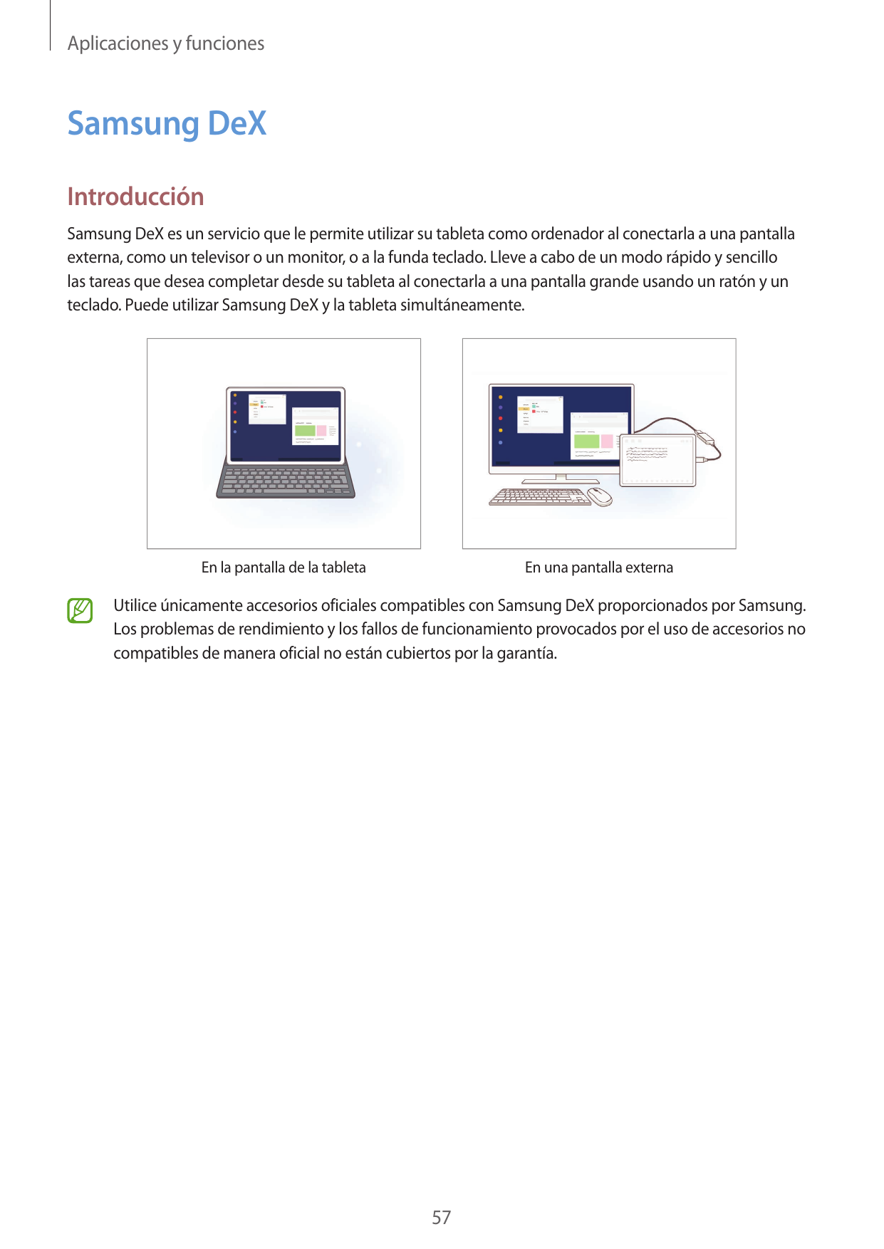 Aplicaciones y funcionesSamsung DeXIntroducciónSamsung DeX es un servicio que le permite utilizar su tableta como ordenador al c