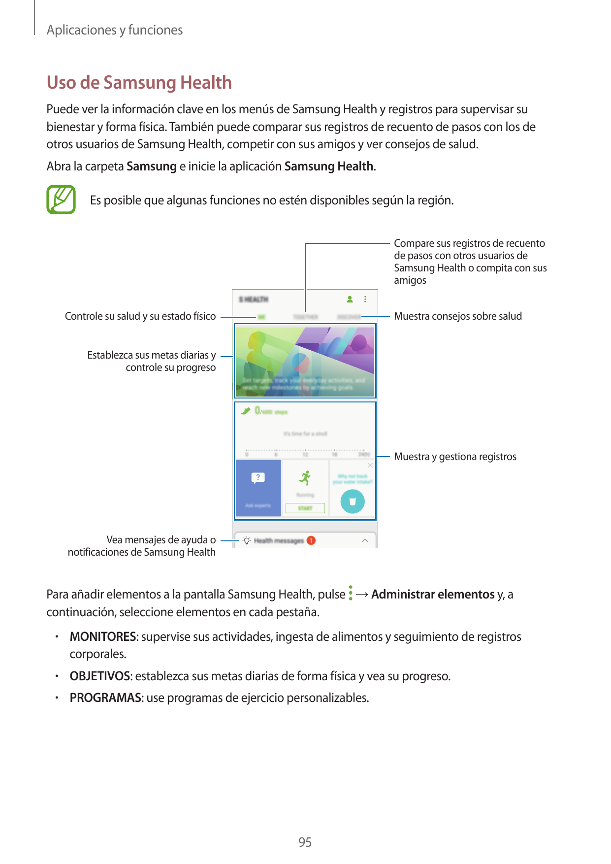 Aplicaciones y funcionesUso de Samsung HealthPuede ver la información clave en los menús de Samsung Health y registros para supe
