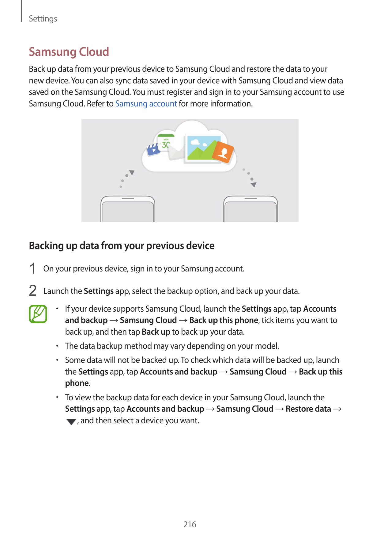 SettingsSamsung CloudBack up data from your previous device to Samsung Cloud and restore the data to yournew device. You can als