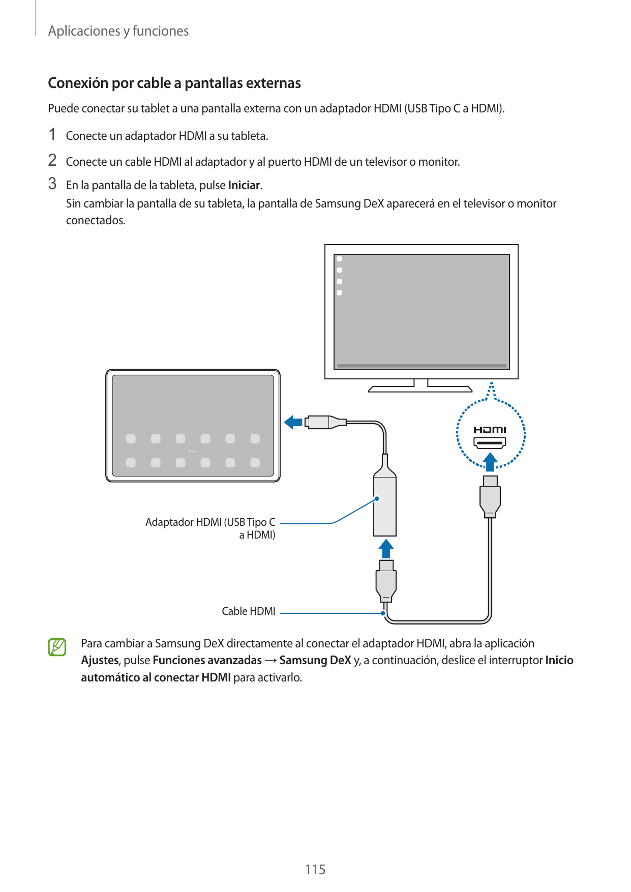 Aplicaciones y funcionesConexión por cable a pantallas externasPuede conectar su tablet a una pantalla externa con un adaptador 