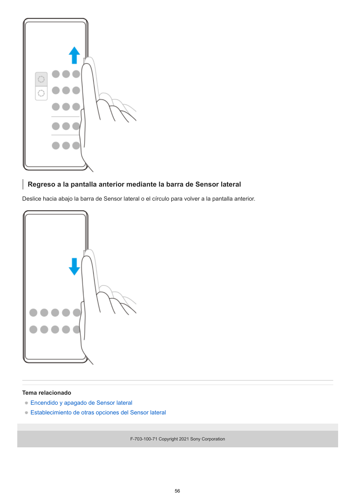 Regreso a la pantalla anterior mediante la barra de Sensor lateralDeslice hacia abajo la barra de Sensor lateral o el círculo pa