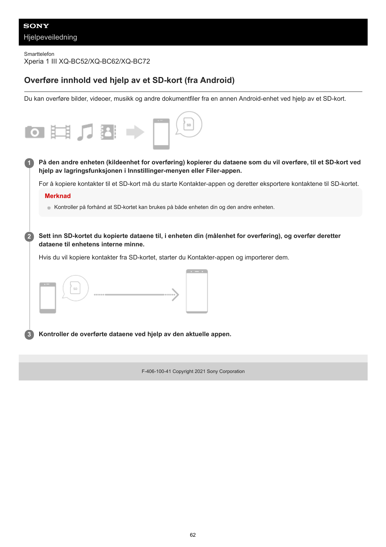 HjelpeveiledningSmarttelefonXperia 1 III XQ-BC52/XQ-BC62/XQ-BC72Overføre innhold ved hjelp av et SD-kort (fra Android)Du kan ove