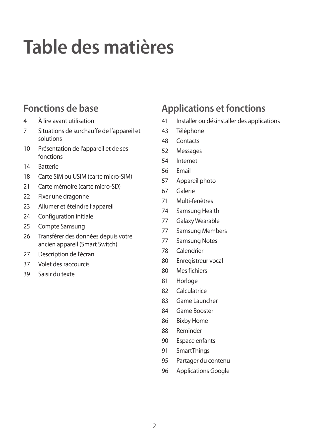 Table des matièresFonctions de baseApplications et fonctions4741 Installer ou désinstaller des applications43Téléphone48Contacts