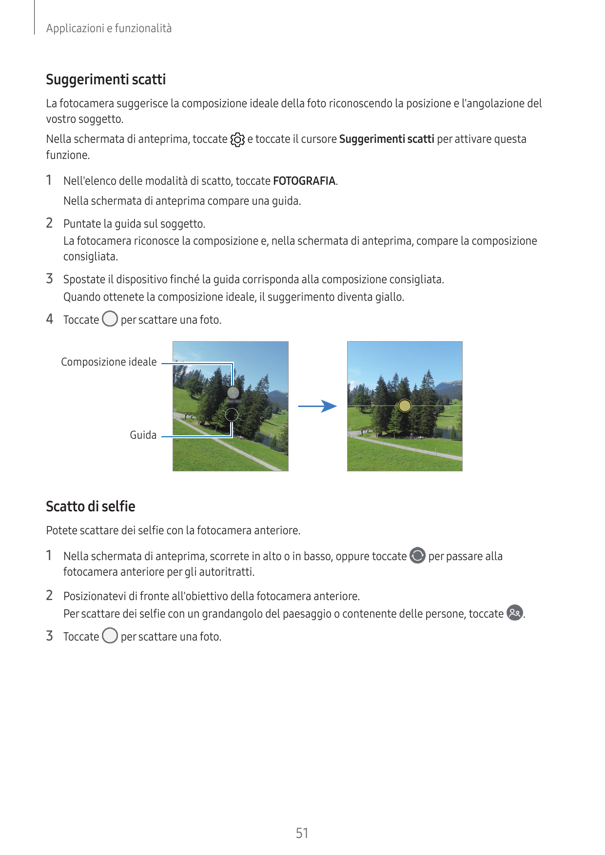 Applicazioni e funzionalitàSuggerimenti scattiLa fotocamera suggerisce la composizione ideale della foto riconoscendo la posizio