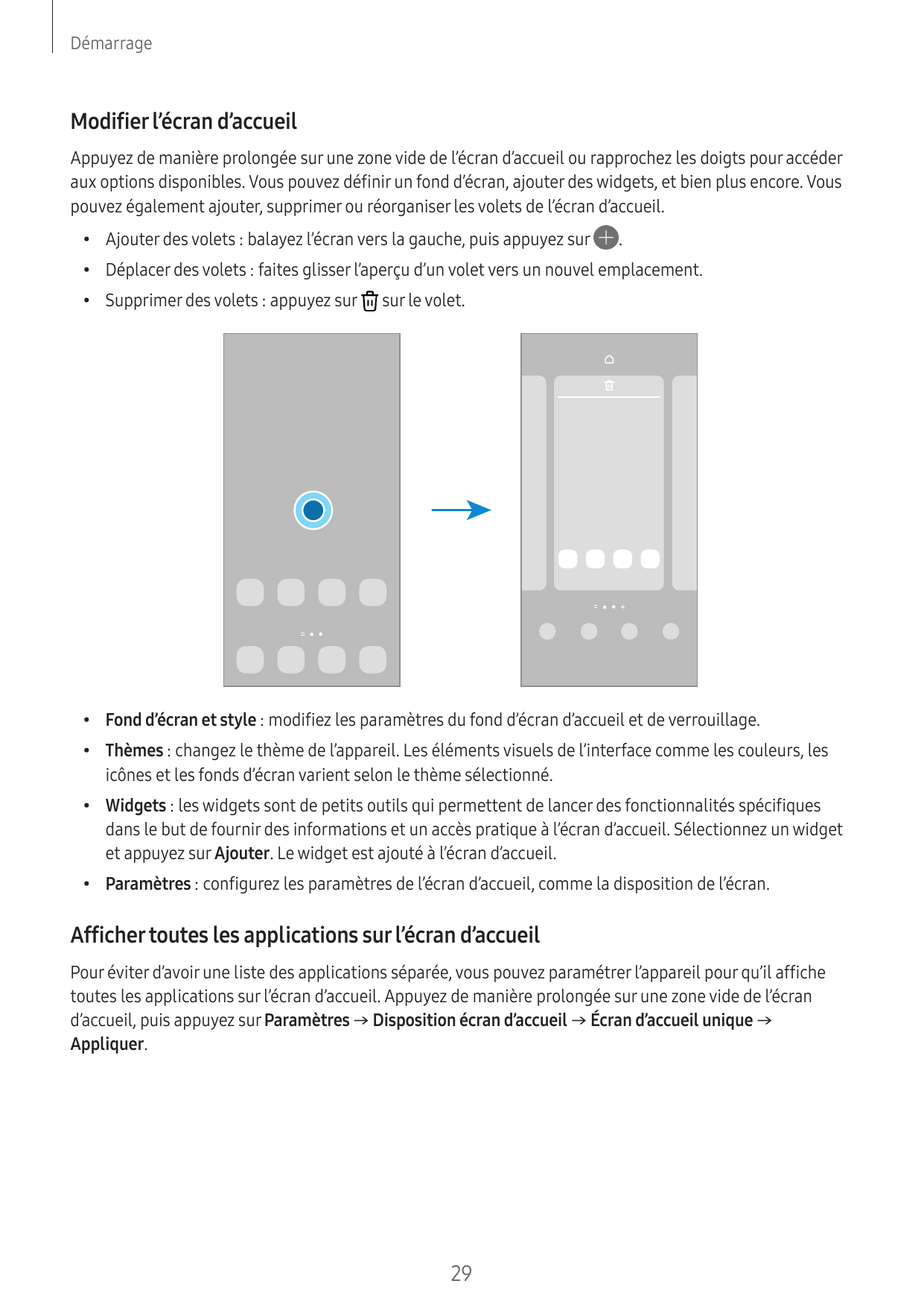 DémarrageModifier l’écran d’accueilAppuyez de manière prolongée sur une zone vide de l’écran d’accueil ou rapprochez les doigts 