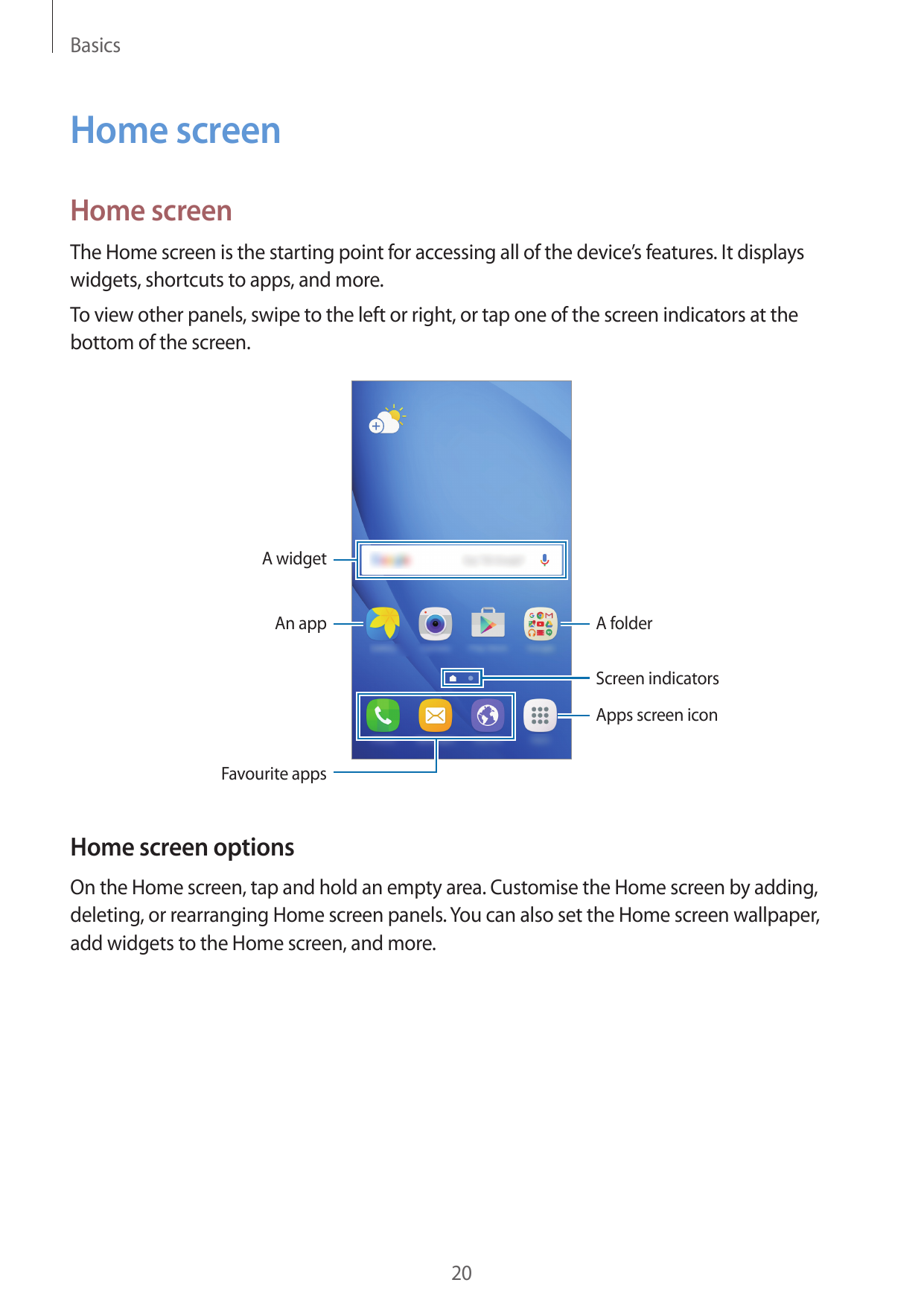 BasicsHome screenHome screenThe Home screen is the starting point for accessing all of the device’s features. It displayswidgets