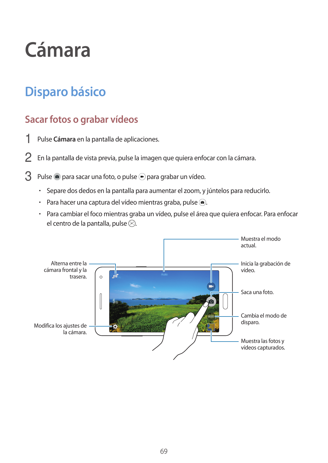 CámaraDisparo básicoSacar fotos o grabar vídeos1 Pulse Cámara en la pantalla de aplicaciones.2 En la pantalla de vista previa, p