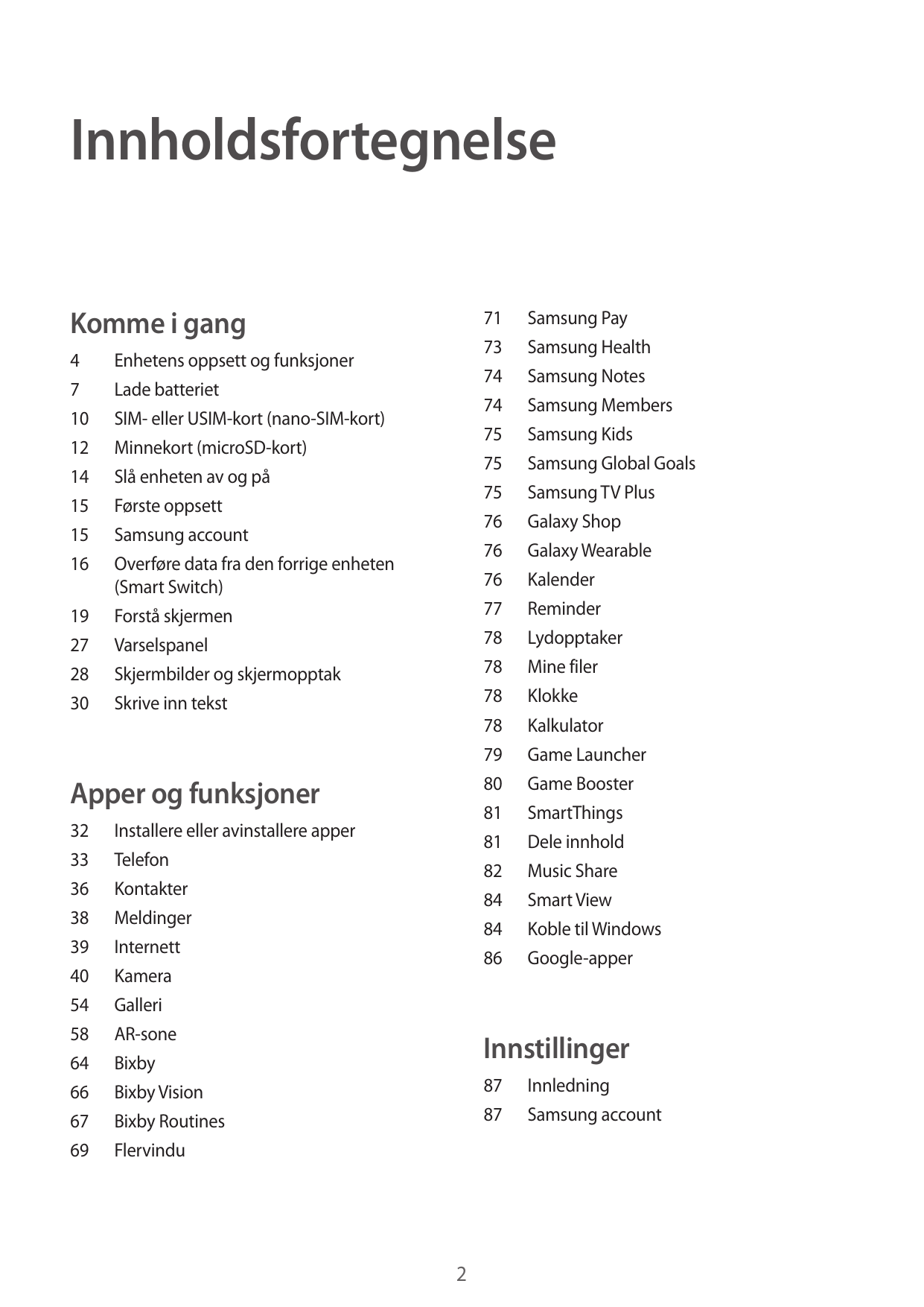 InnholdsfortegnelseKomme i gang71 Samsung Pay73 Samsung Health74 Samsung Notes74 Samsung Members75 Samsung Kids75 Samsung Global