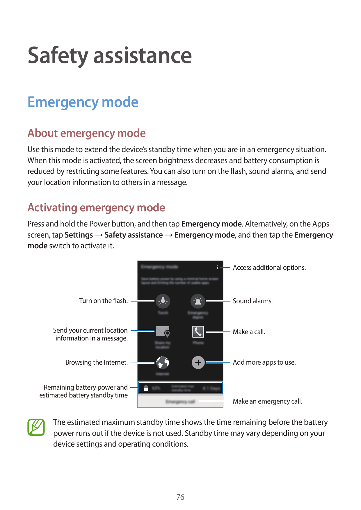 Safety assistanceEmergency modeAbout emergency modeUse this mode to extend the device’s standby time when you are in an emergenc