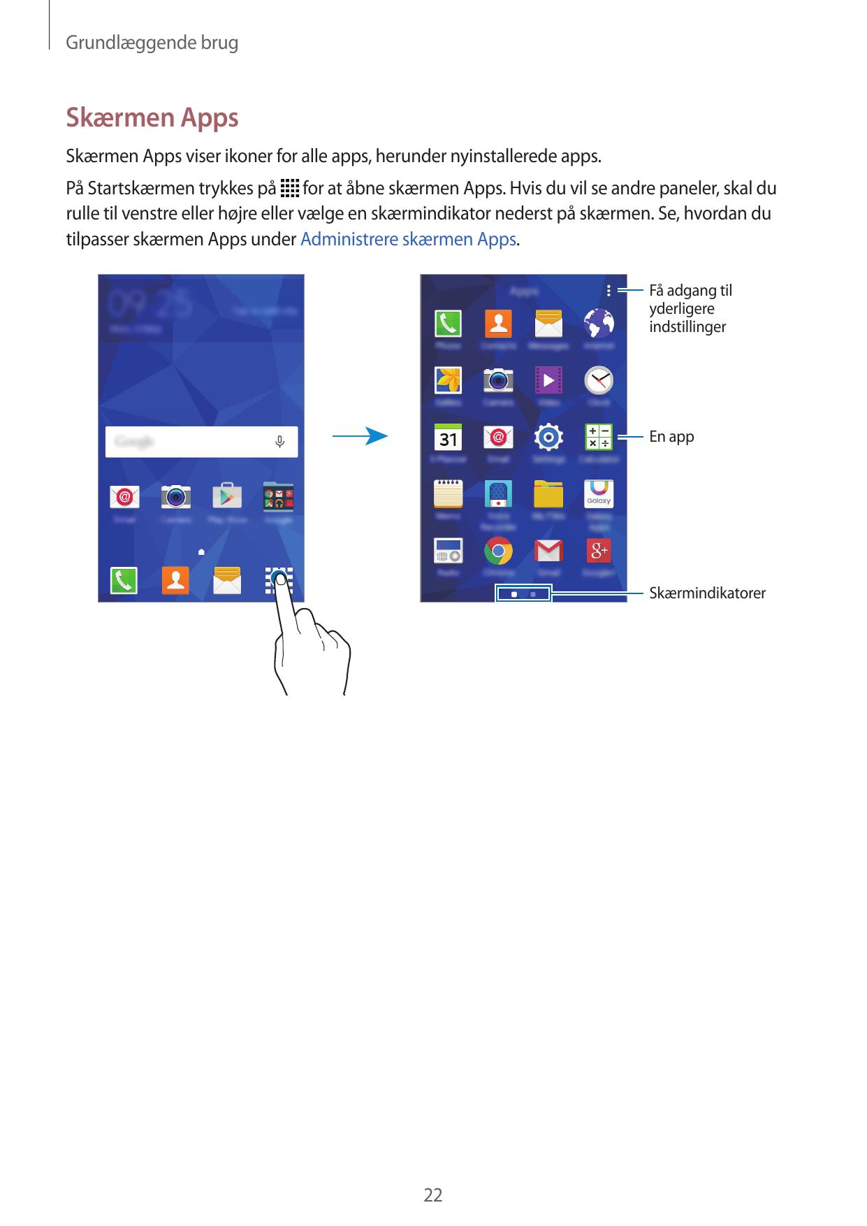 Grundlæggende brugSkærmen AppsSkærmen Apps viser ikoner for alle apps, herunder nyinstallerede apps.På Startskærmen trykkes på f