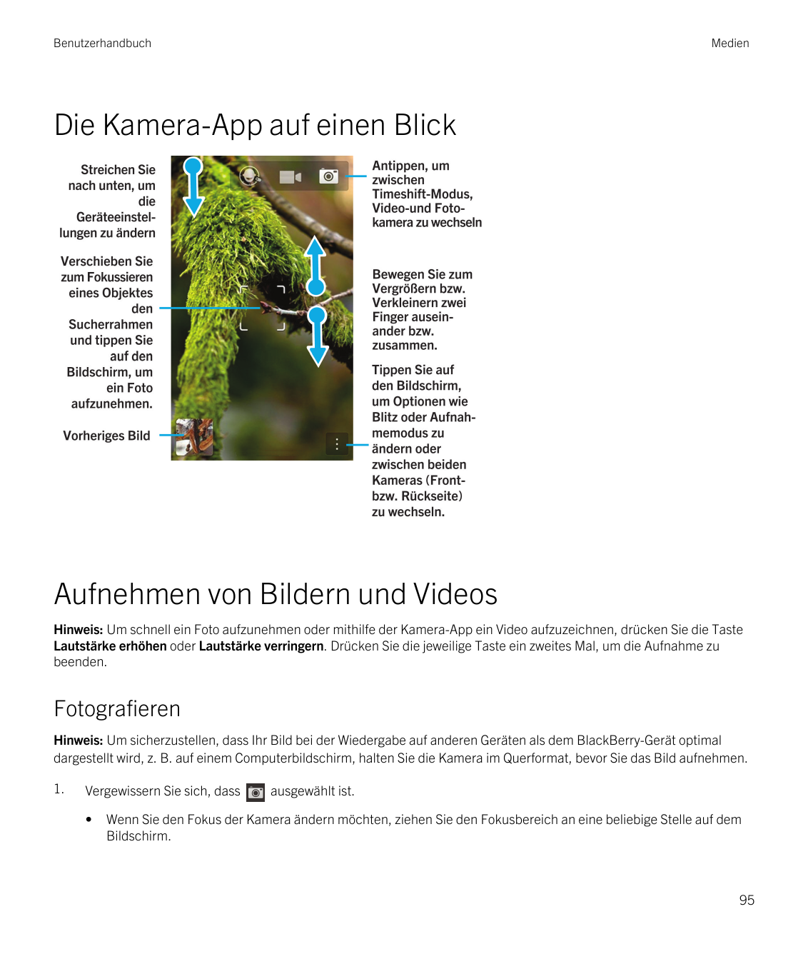 BenutzerhandbuchMedienDie Kamera-App auf einen BlickAufnehmen von Bildern und VideosHinweis: Um schnell ein Foto aufzunehmen ode