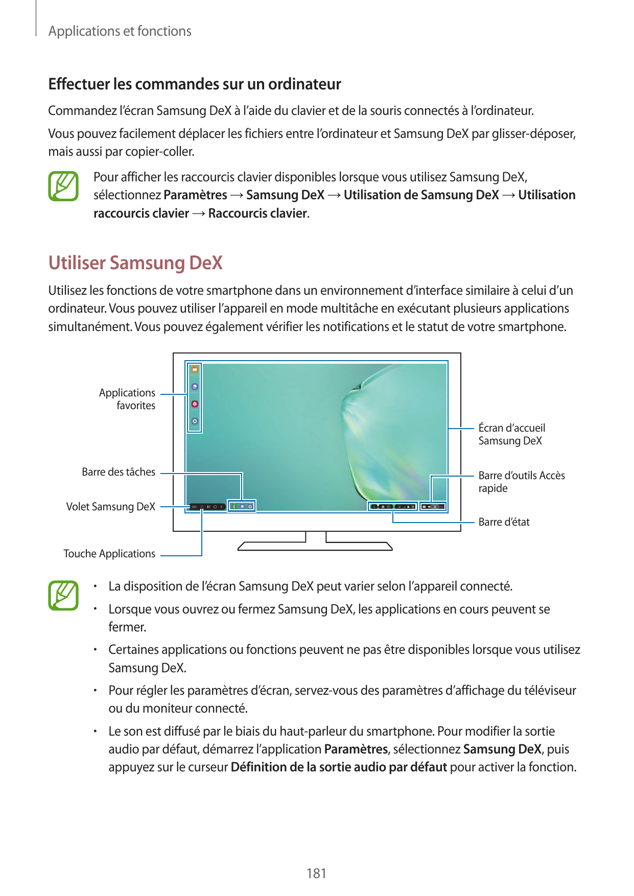 Applications et fonctionsEffectuer les commandes sur un ordinateurCommandez l’écran Samsung DeX à l’aide du clavier et de la sou
