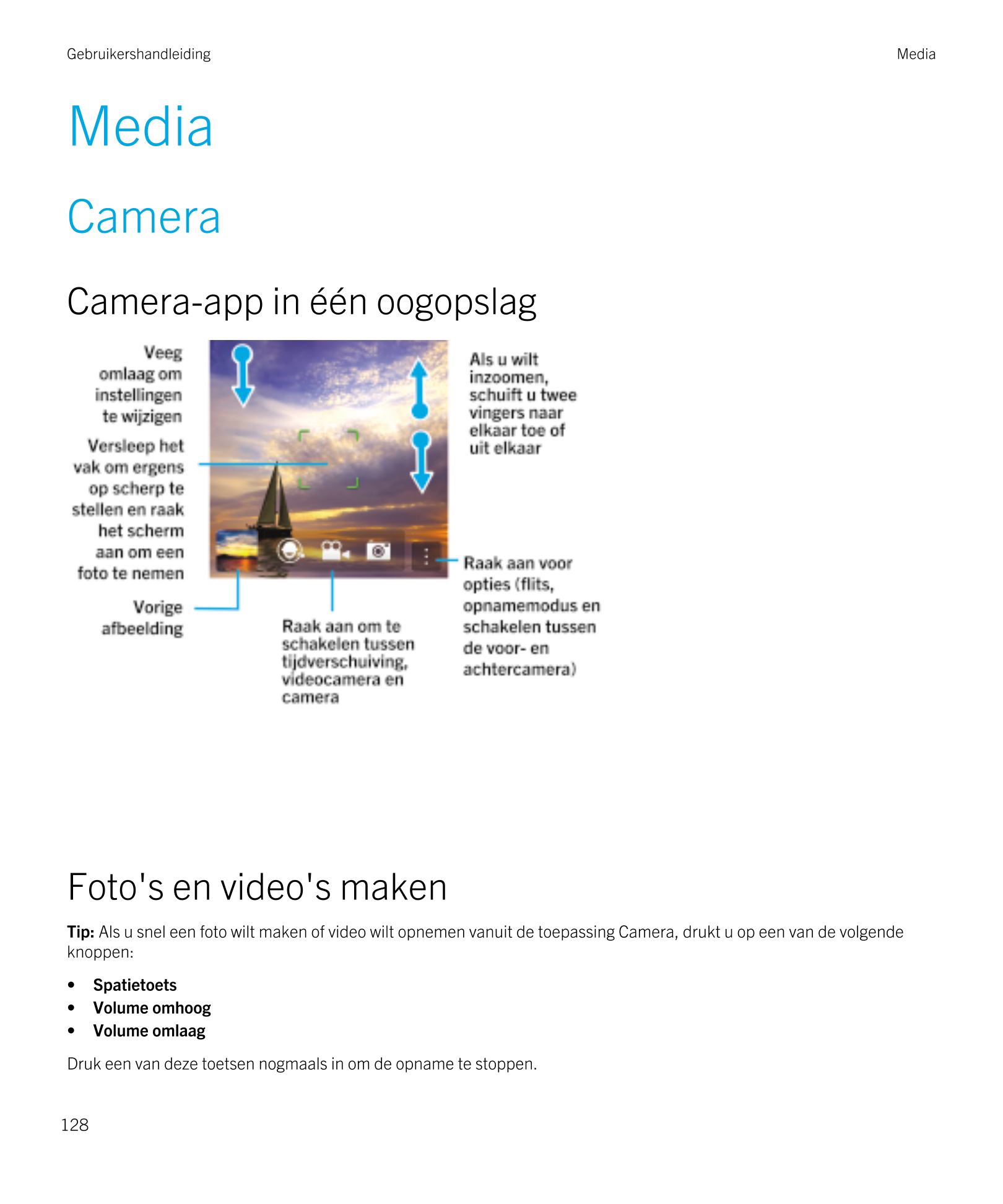 Gebruikershandleiding Media
Media
Camera
Camera-app in één oogopslag
Foto's en video's maken
Tip:  Als u snel een foto wilt make