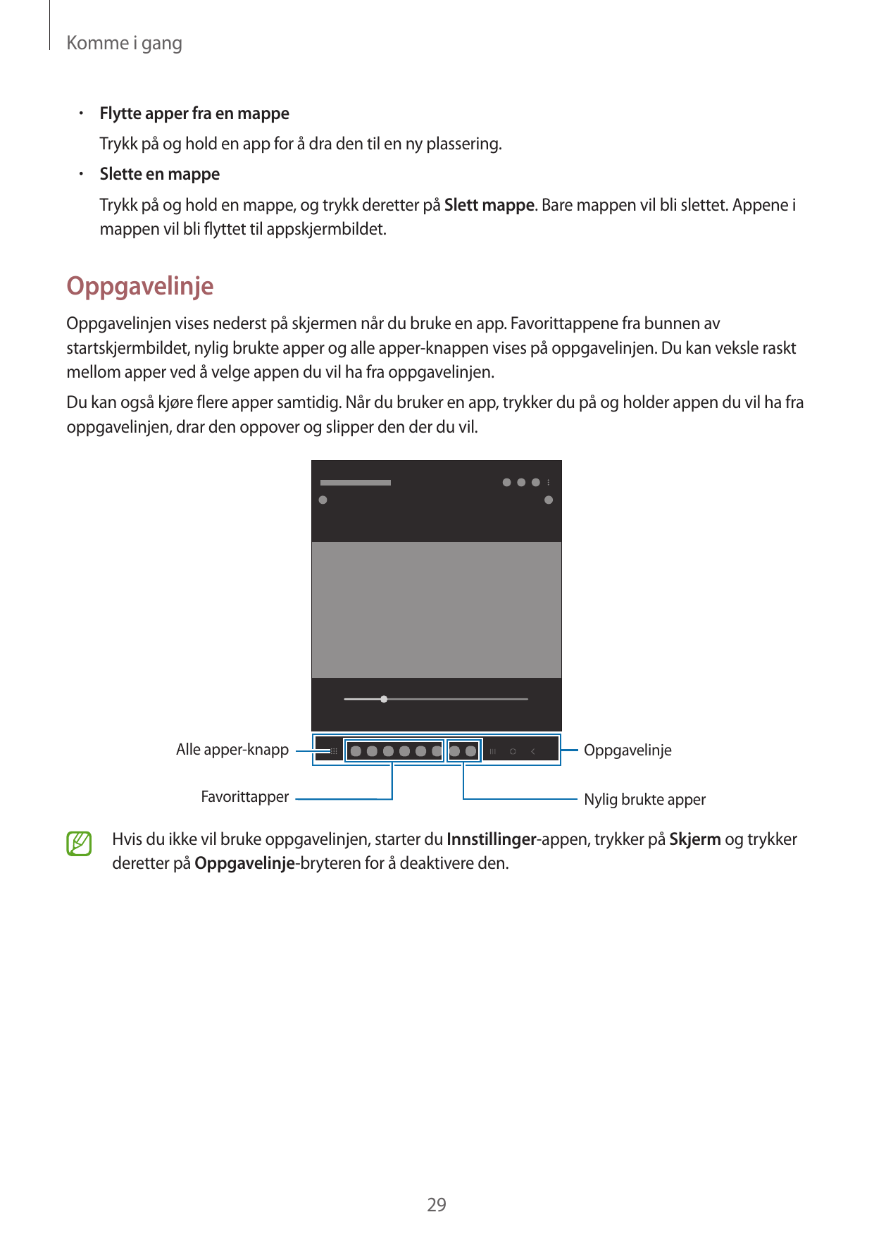 Komme i gang•  Flytte apper fra en mappeTrykk på og hold en app for å dra den til en ny plassering.•  Slette en mappeTrykk på og