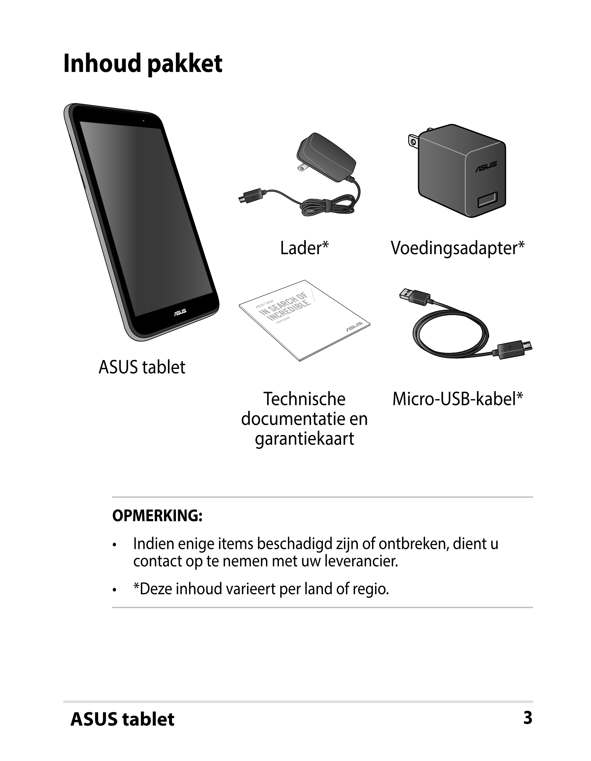 Inhoud pakket
Lader* Voedingsadapter*
ASUS Tablet
USER GUIDE
ASUS tablet
Technische  Micro-USB-kabel*
documentatie en 
garantiek
