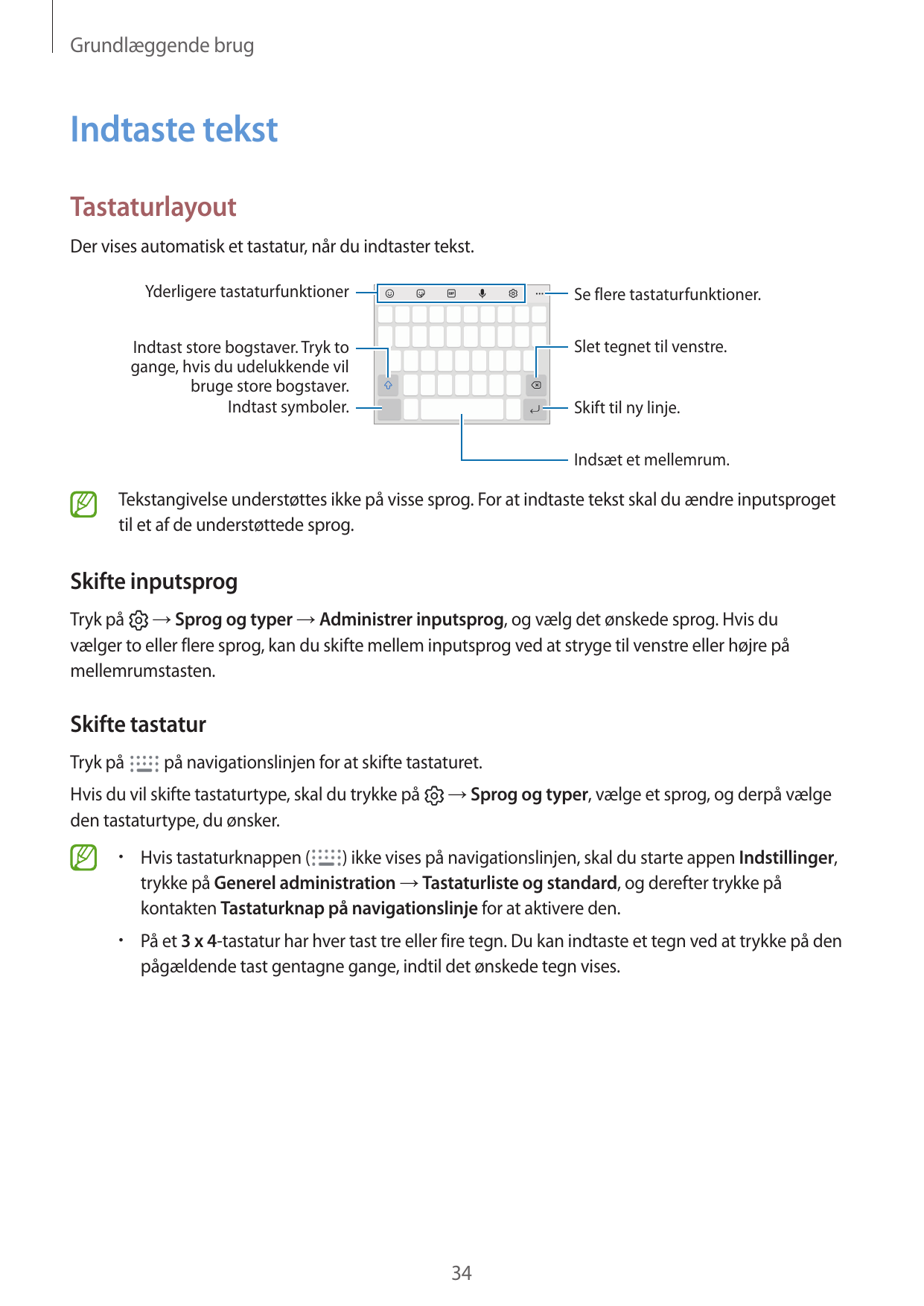 Grundlæggende brugIndtaste tekstTastaturlayoutDer vises automatisk et tastatur, når du indtaster tekst.Yderligere tastaturfunkti