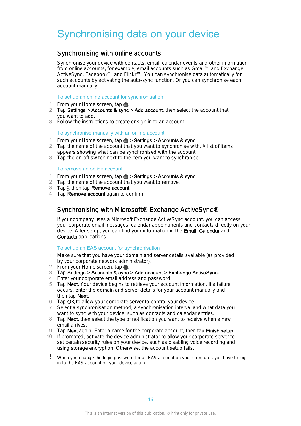 Synchronising data on your deviceSynchronising with online accountsSynchronise your device with contacts, email, calendar events