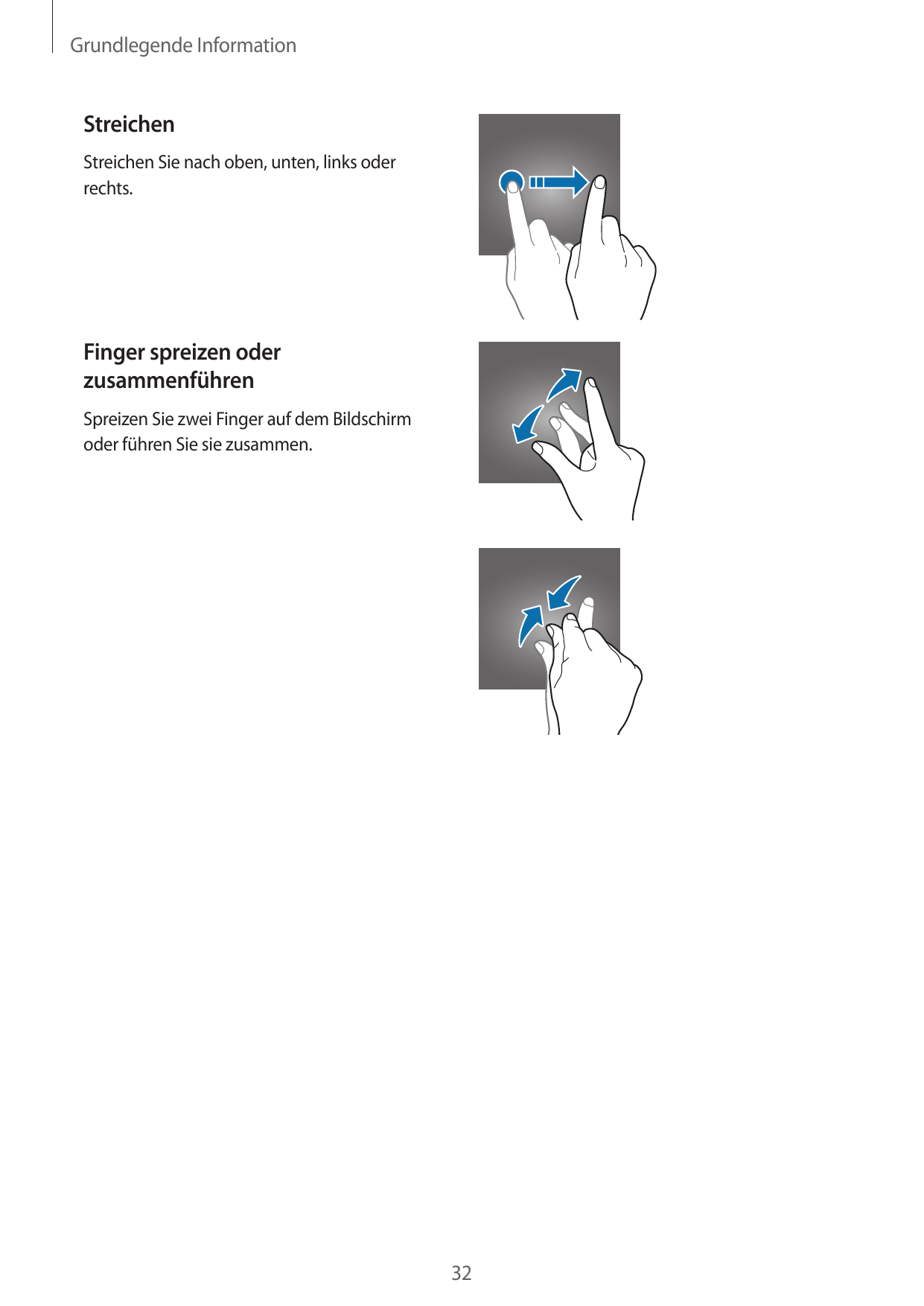 Grundlegende InformationStreichenStreichen Sie nach oben, unten, links oderrechts.Finger spreizen oderzusammenführenSpreizen Sie