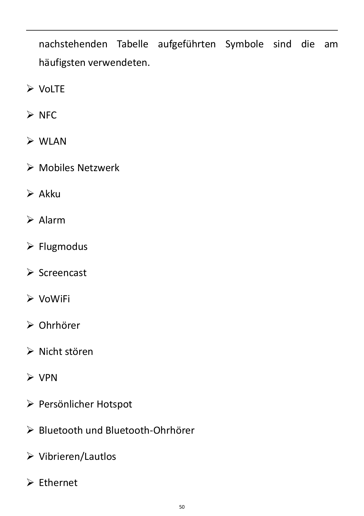 nachstehenden Tabelle aufgeführten Symbole sind die amhäufigsten verwendeten. VoLTE NFC WLAN Mobiles Netzwerk Akku Alarm 