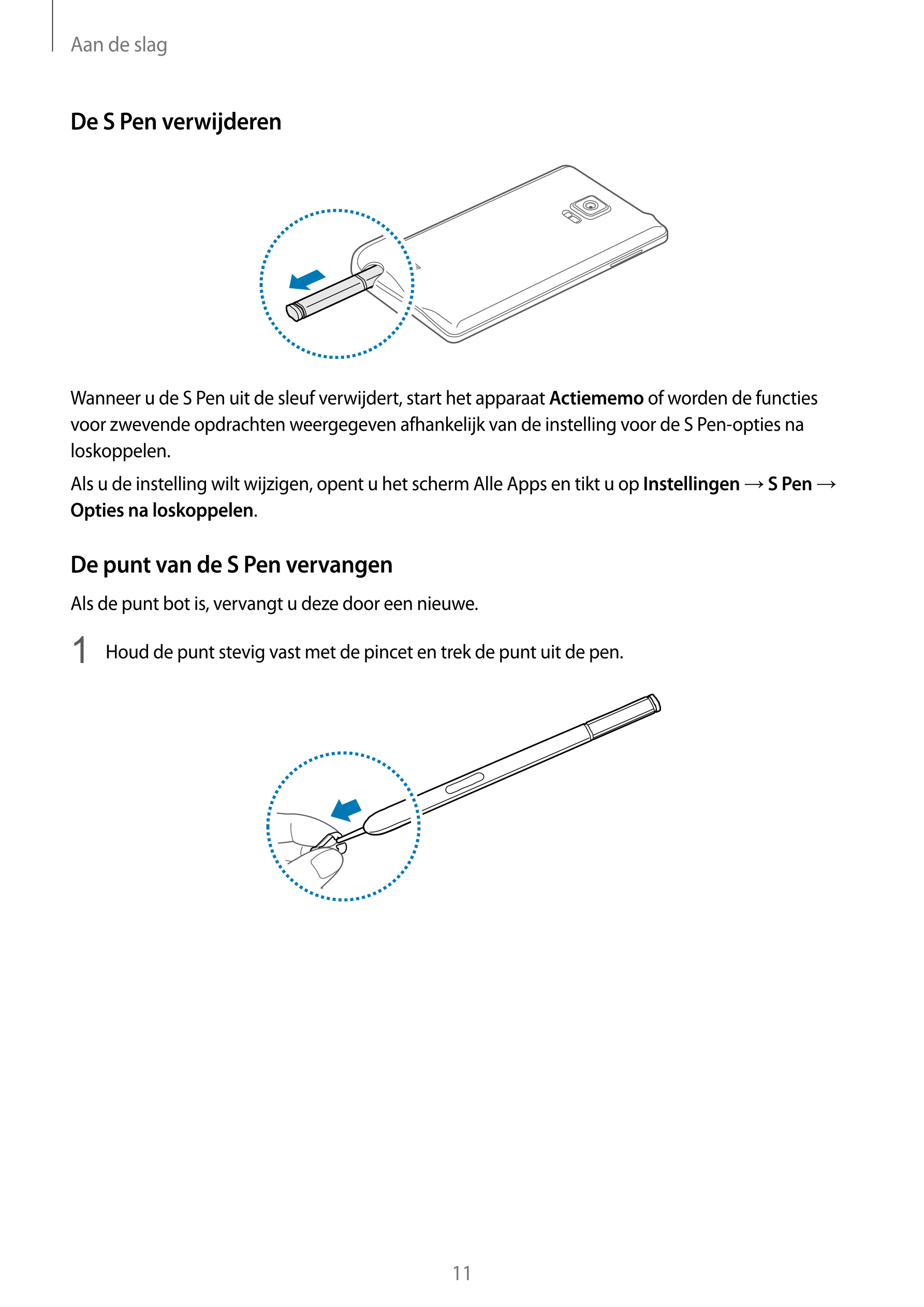 Aan de slag
De  S Pen verwijderen
Wanneer u de S Pen uit de sleuf verwijdert, start het apparaat  Actiememo of worden de functie