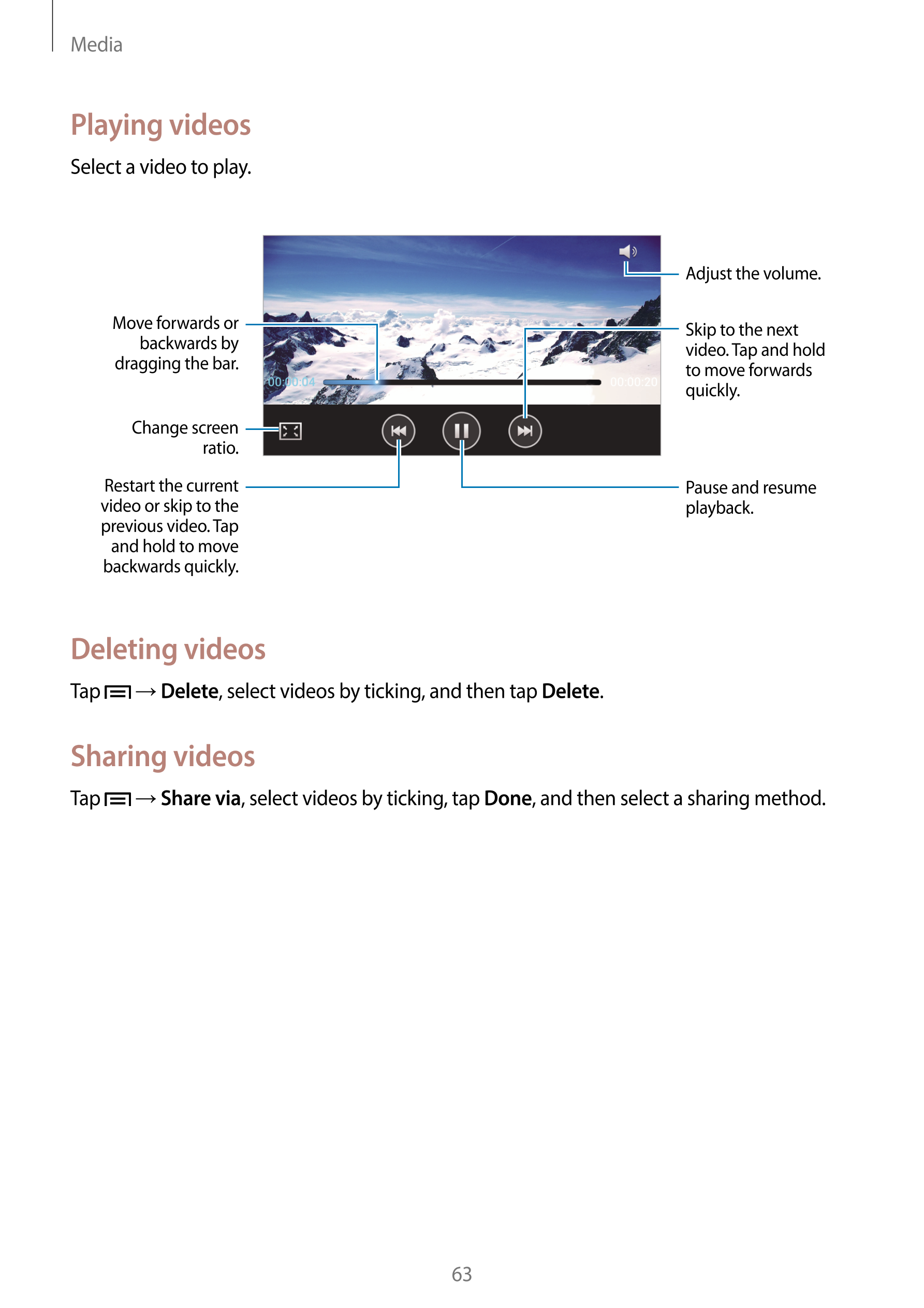 Media
Playing videos
Select a video to play.
Adjust the volume.
Move forwards or  Skip to the next 
backwards by  video. Tap and