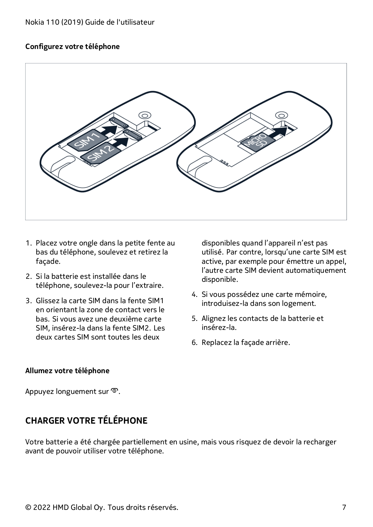 Nokia 110 (2019) Guide de l'utilisateurConfigurez votre téléphone1. Placez votre ongle dans la petite fente aubas du téléphone, 