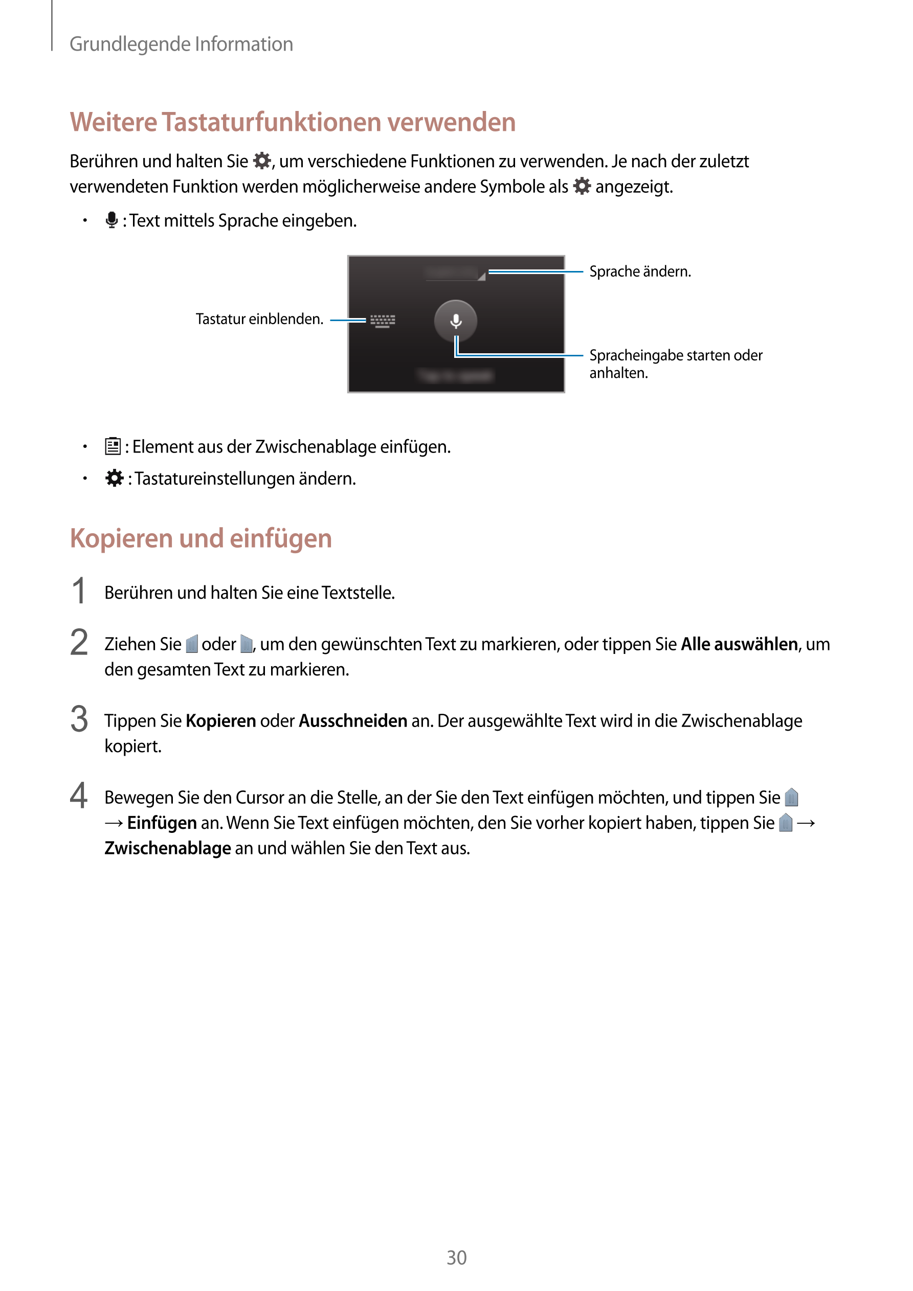 Grundlegende Information
Weitere Tastaturfunktionen verwenden
Berühren und halten Sie  , um verschiedene Funktionen zu verwenden